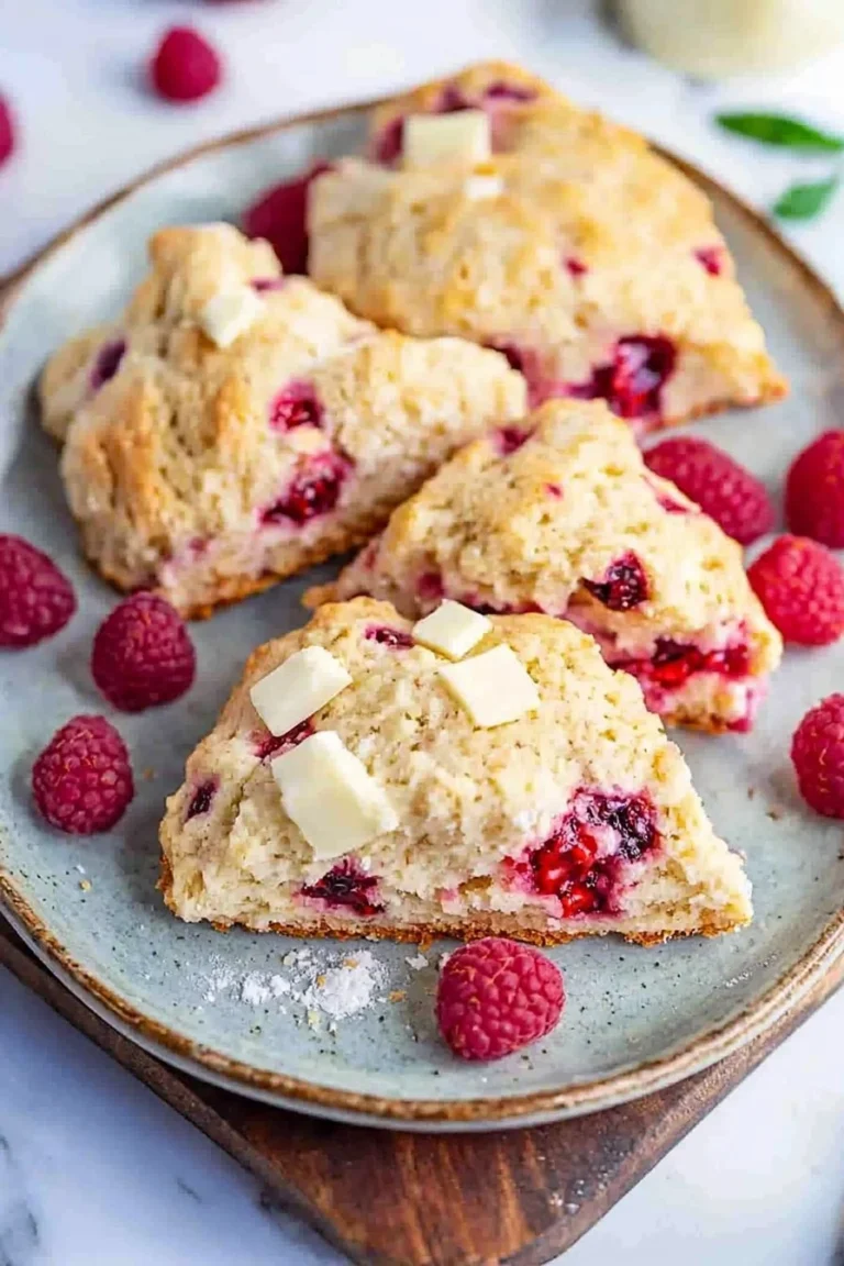 Himbeer Scones mit weißer Schokolade auf einem weißen Teller