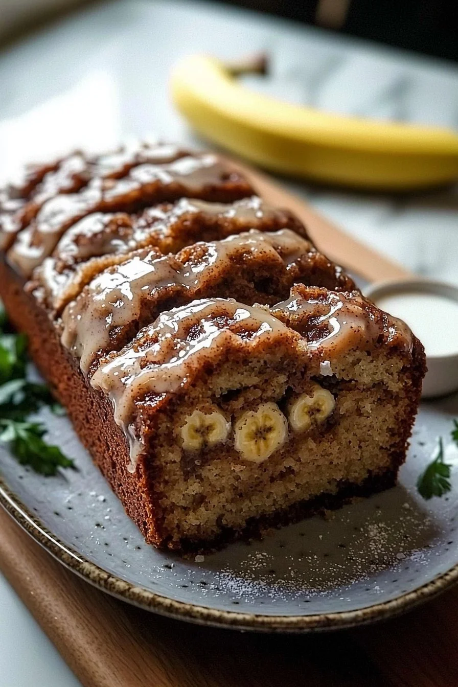 Zimtschnecken-Bananenbrot mit Zimt und Bananen, frisch gebacken und dekoriert