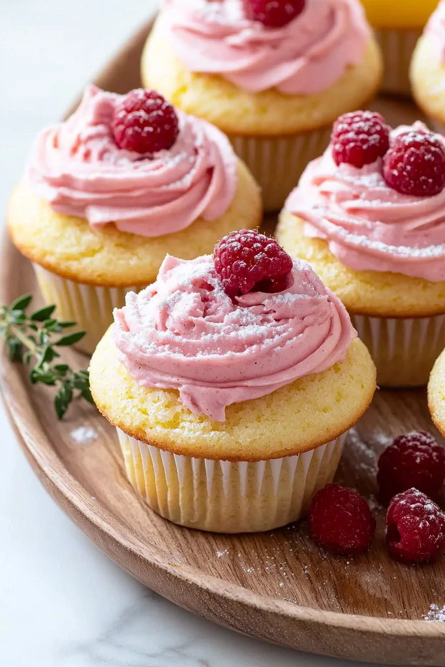 Zitronen-Cupcakes mit Himbeer-Buttercreme-Frosting auf einem weißen Teller.
