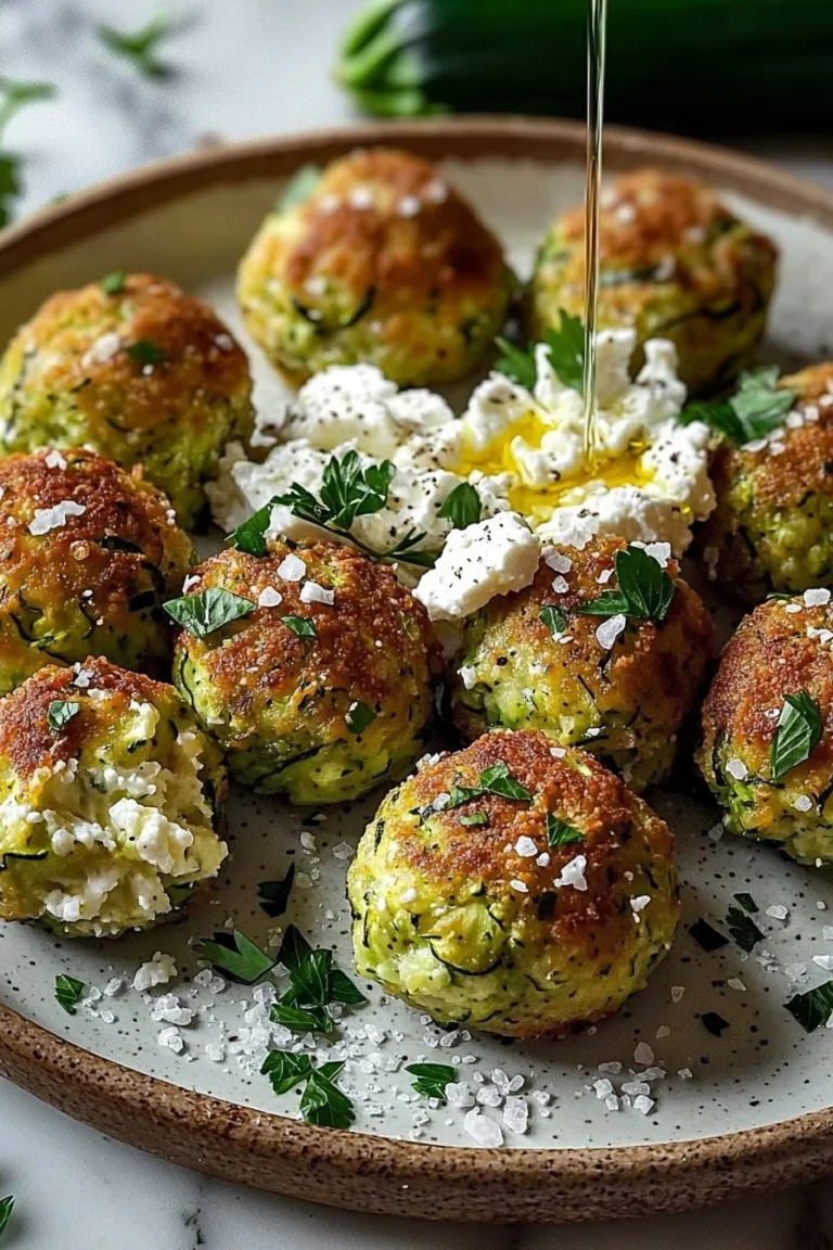 Zucchinibällchen mit Feta und Kräutern auf einem Teller serviert