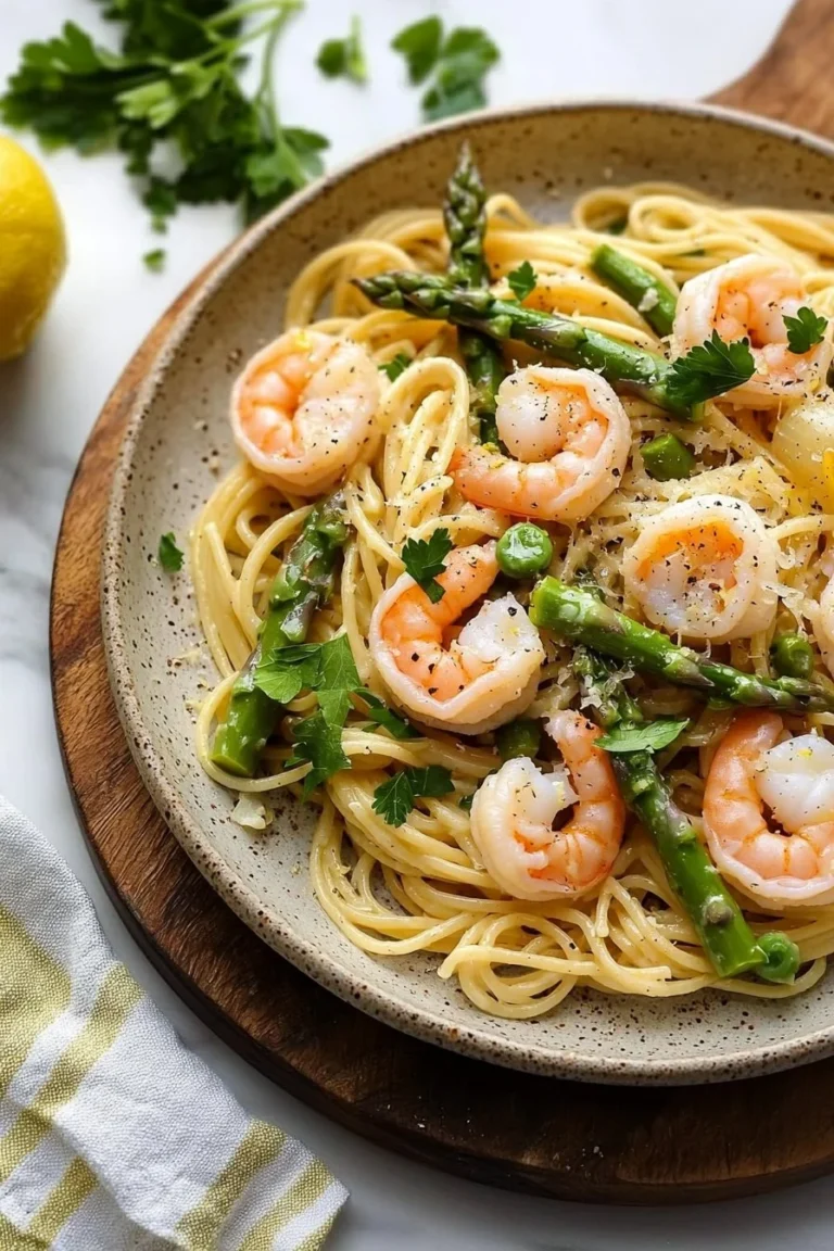 Zitronencrevetten Spargel Pasta in einer weißen Schüssel