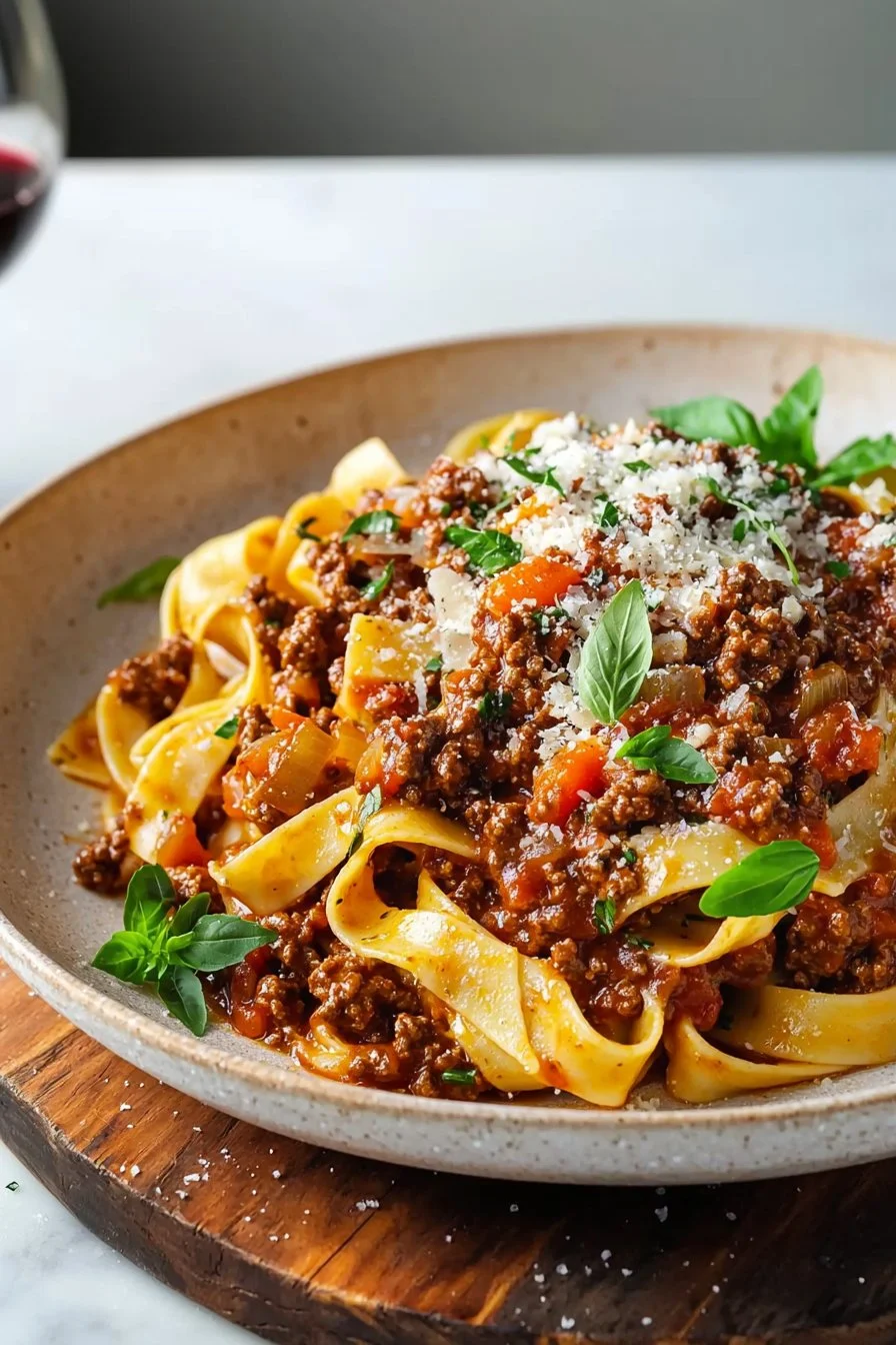 Authentische Tagliatelle mit Rindfleisch-Bolognese serviert auf einem Teller