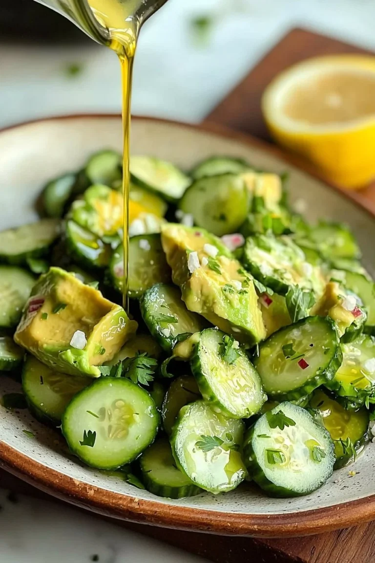 Frischer Avocado-Gurkensalat in einer Schüssel mit Kräutern garniert.