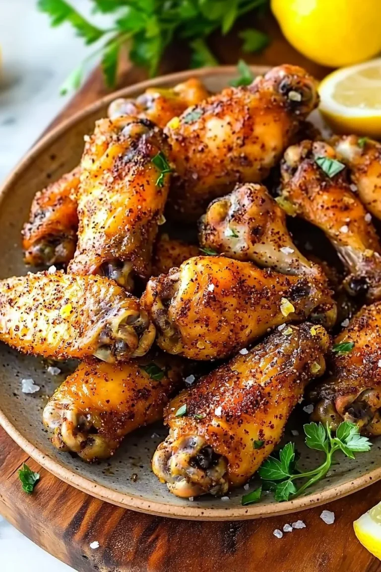 Delicious baked lemon pepper wings on a plate, garnished with fresh herbs.
