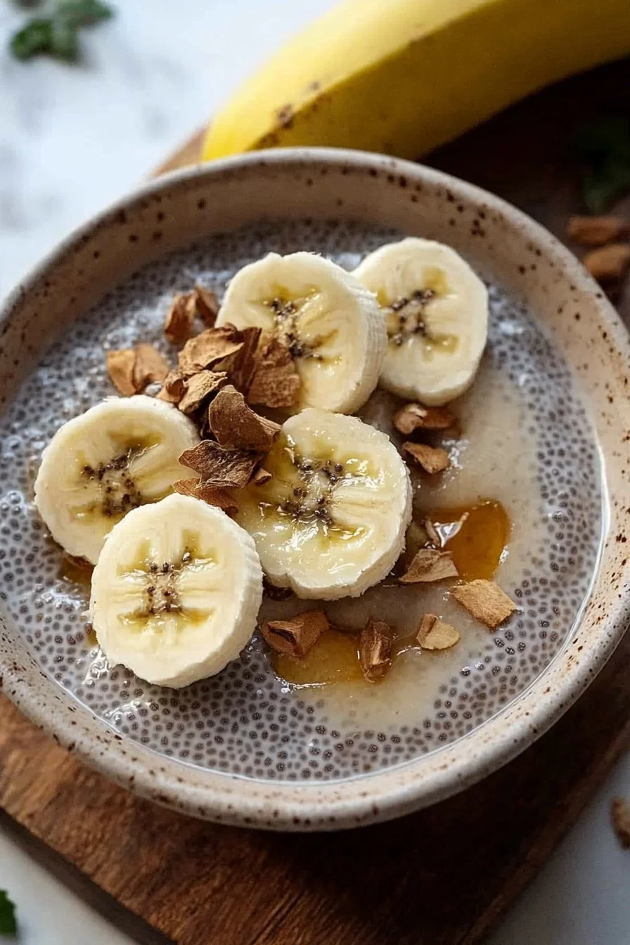 Schüssel mit Bananen-Chia-Pudding, garniert mit frischen Bananen und Nüssen.