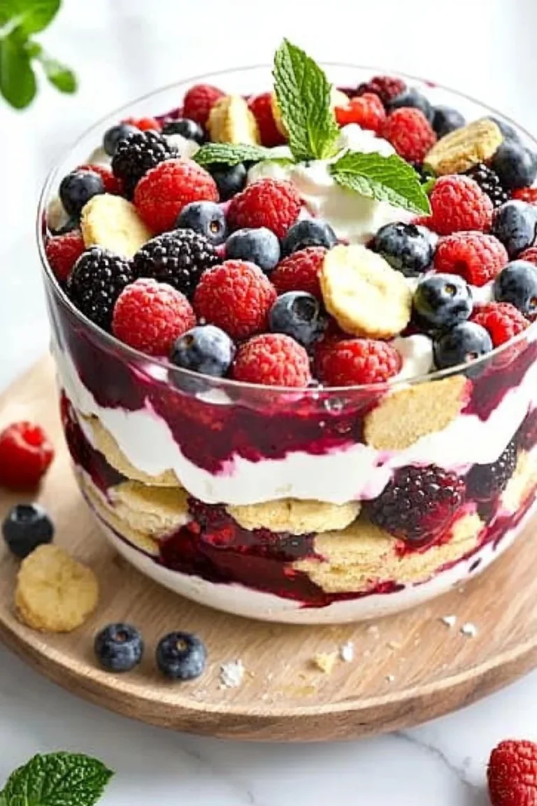 Veganer Beeren-Trifle mit frischen Beeren und Sahne