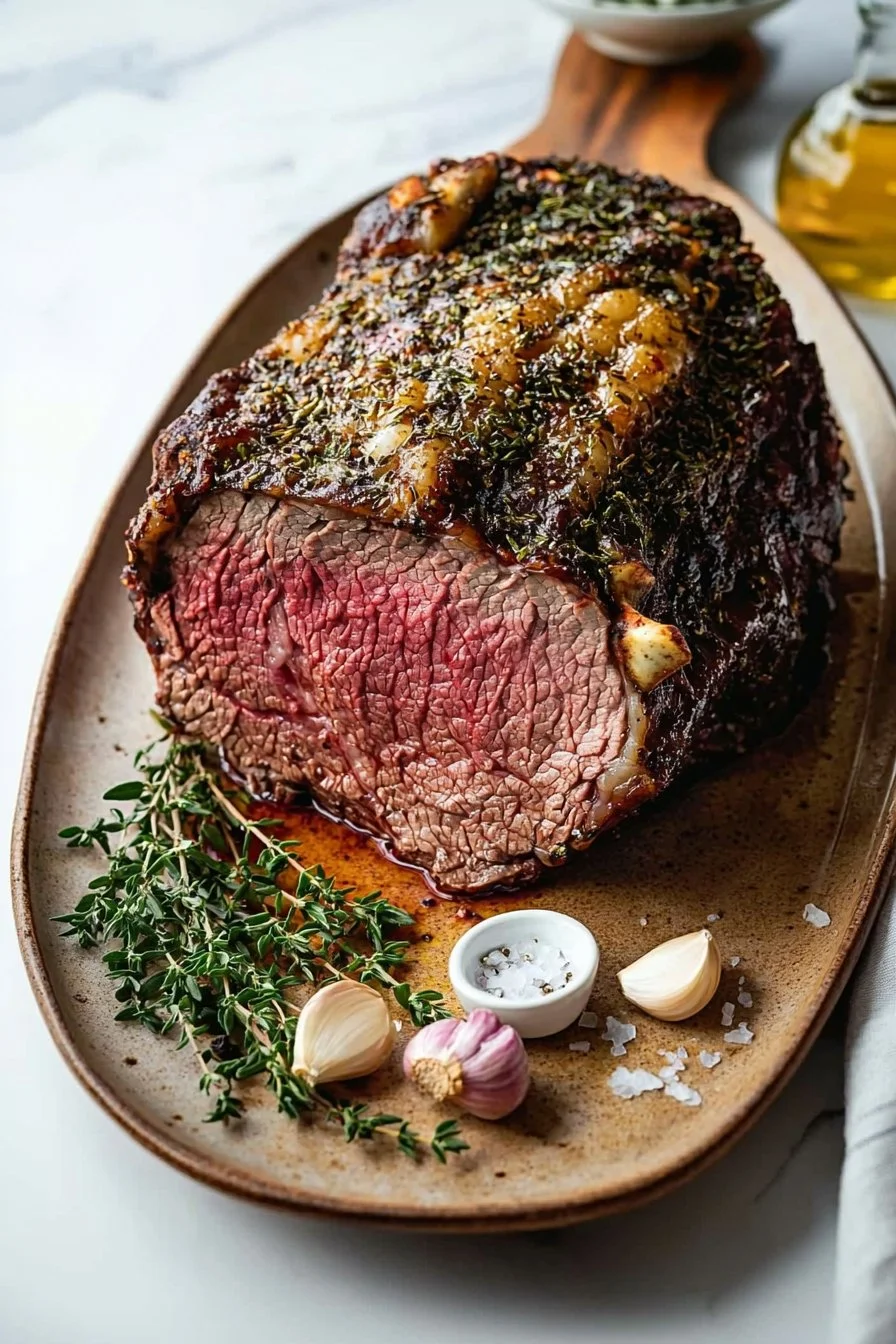 Perfekt gebratenes Prime Rib mit Knoblauch-Kräuterkruste auf einem Holzbrett.