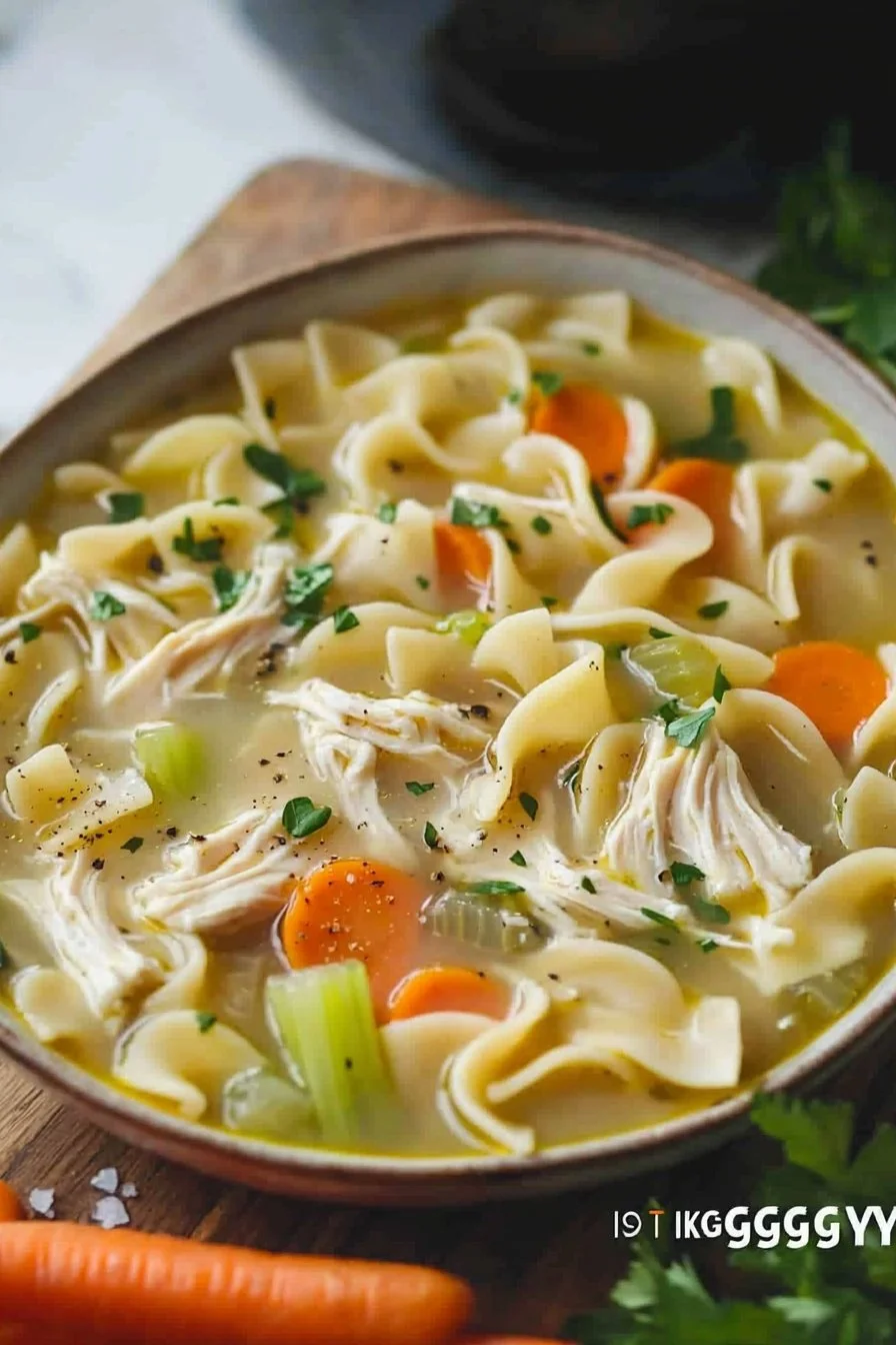 Eine Schüssel der besten Hähnchen-Nudelsuppe mit frischen Kräutern