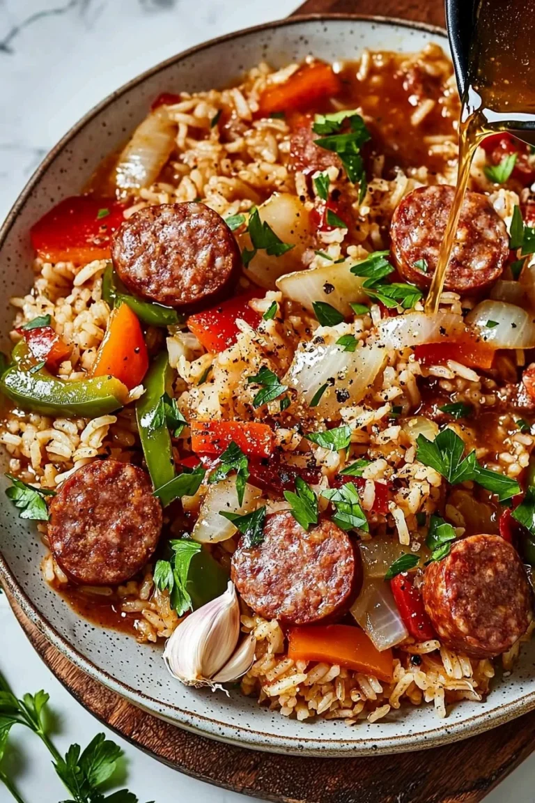 Gericht mit Rindfleisch-Wurst serviert mit Reis auf einem Teller