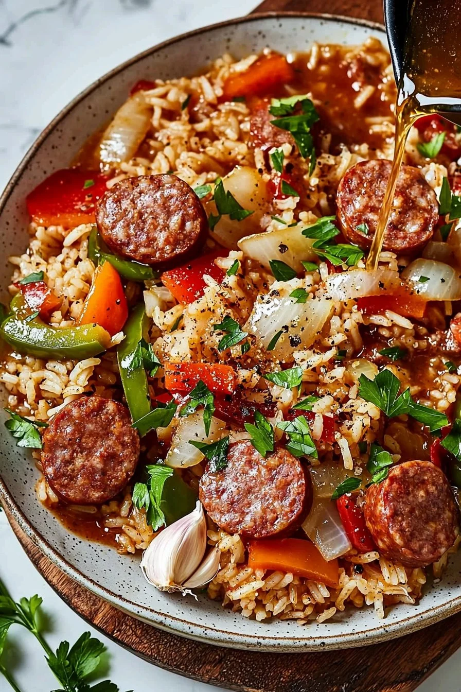 Gericht mit Rindfleisch-Wurst serviert mit Reis auf einem Teller