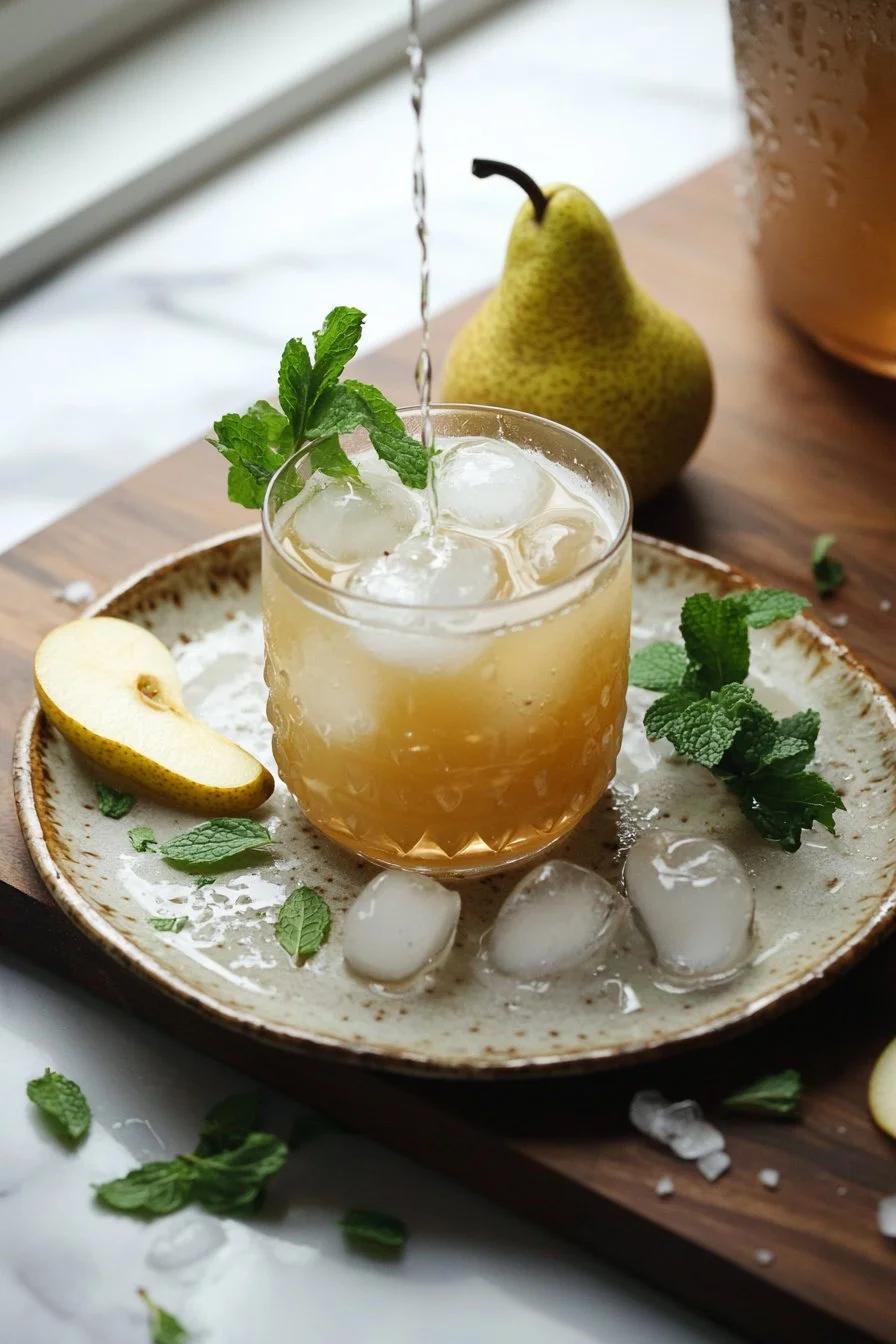 Erfrischender Birnen-Vanille-Sprudel-Mocktail in einem Glas mit Eis.