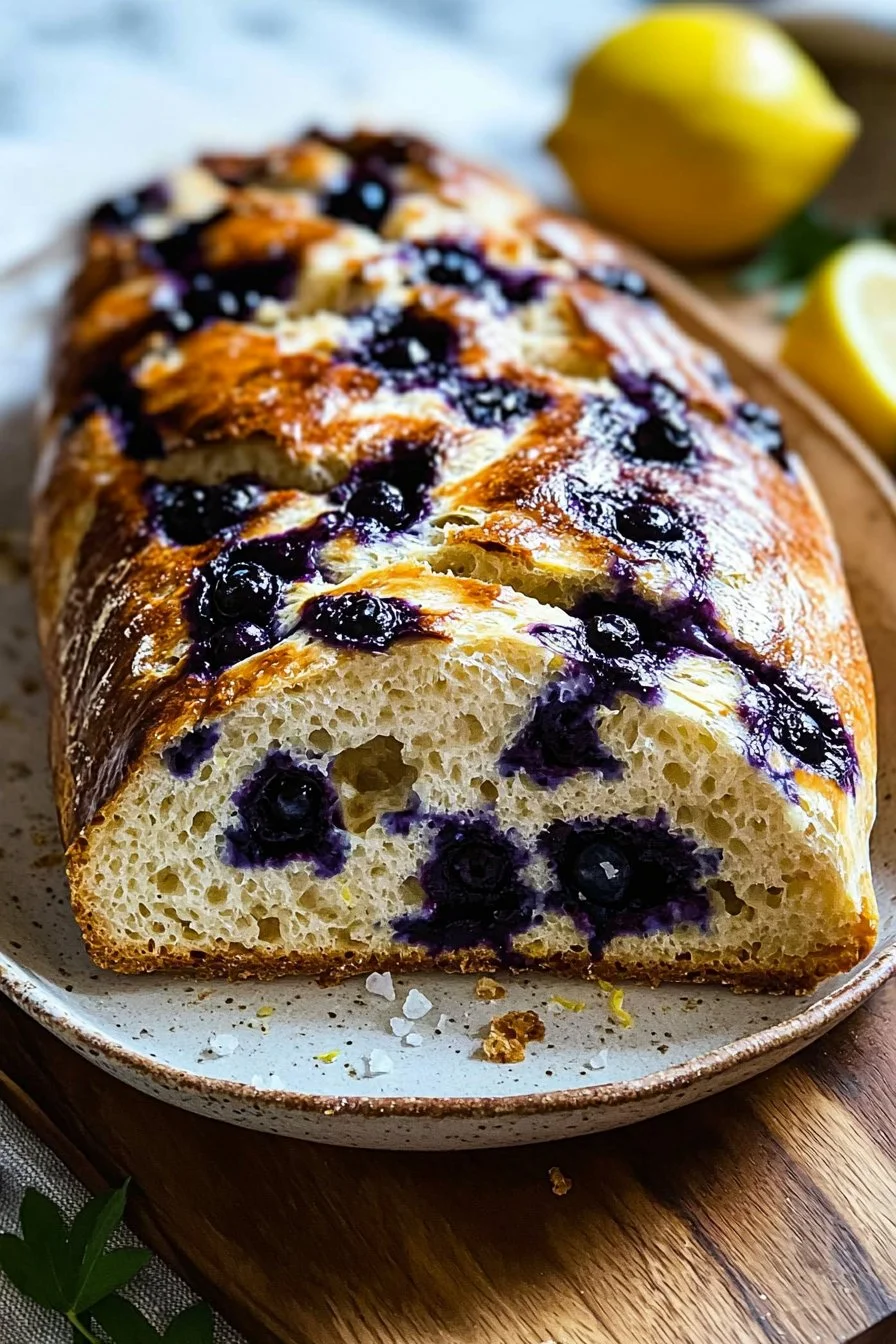 Blaubeer-Zitronen-Sauerteigbrot mit frischen Blaubeeren und Zitronen