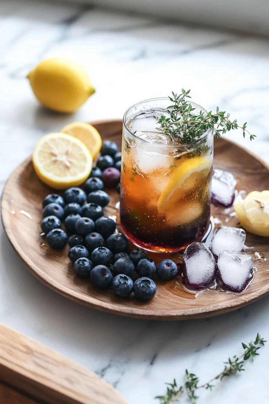 Blaubeer-Zitronen-Thymian-Mocktail in einem Glas mit frischen Zutaten