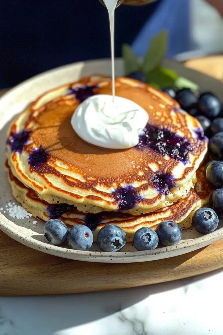 Blaubeerpfannkuchen mit griechischem Joghurt auf einem Teller