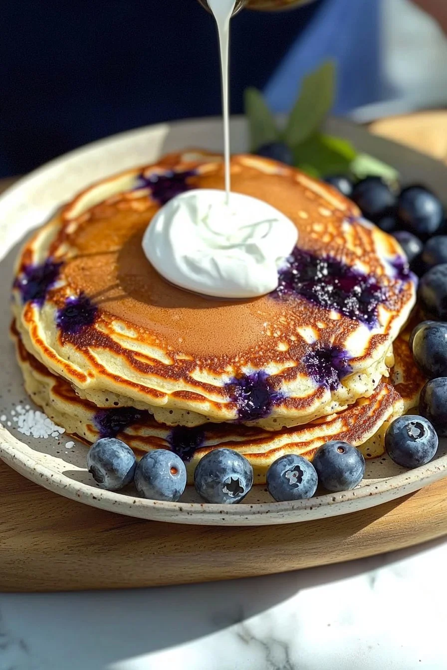 Blaubeerpfannkuchen mit griechischem Joghurt auf einem Teller