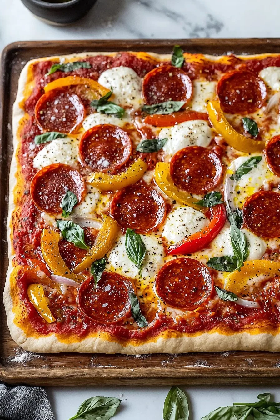 Leckere Blechpizza mit frischen Zutaten aus dem Ofen
