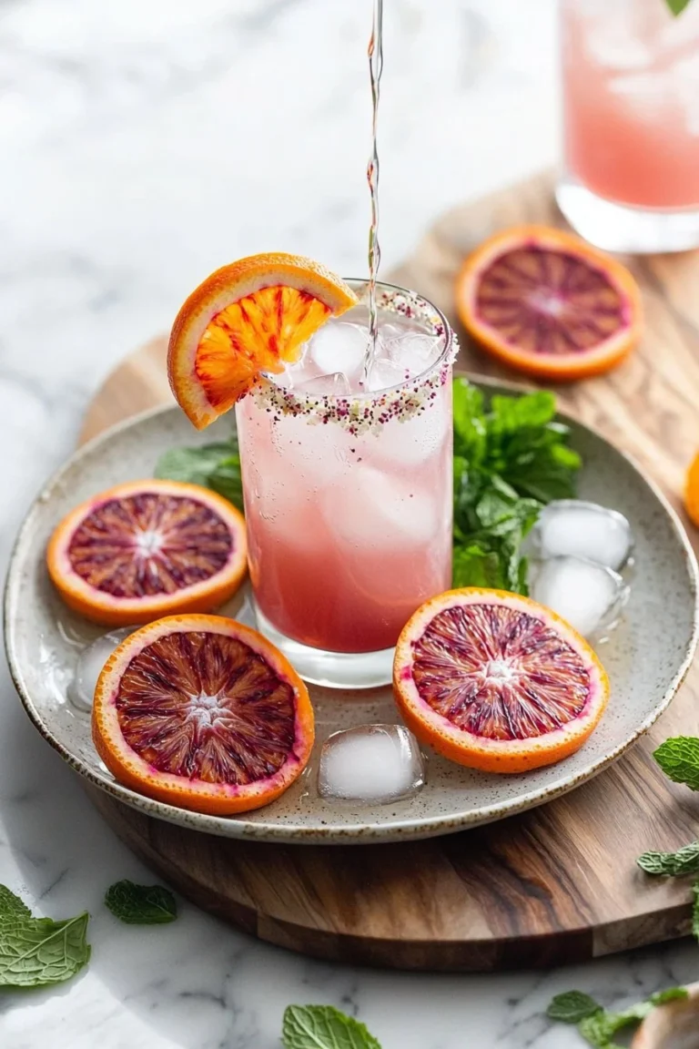 Blutorange-Elderflower-Mocktail in einem eleganten Glas mit frischen Zutaten.