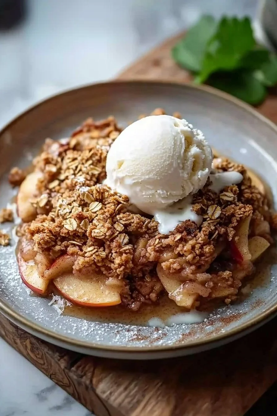 Bratapfel Crumble mit Vanilleeis auf einem Teller serviert.