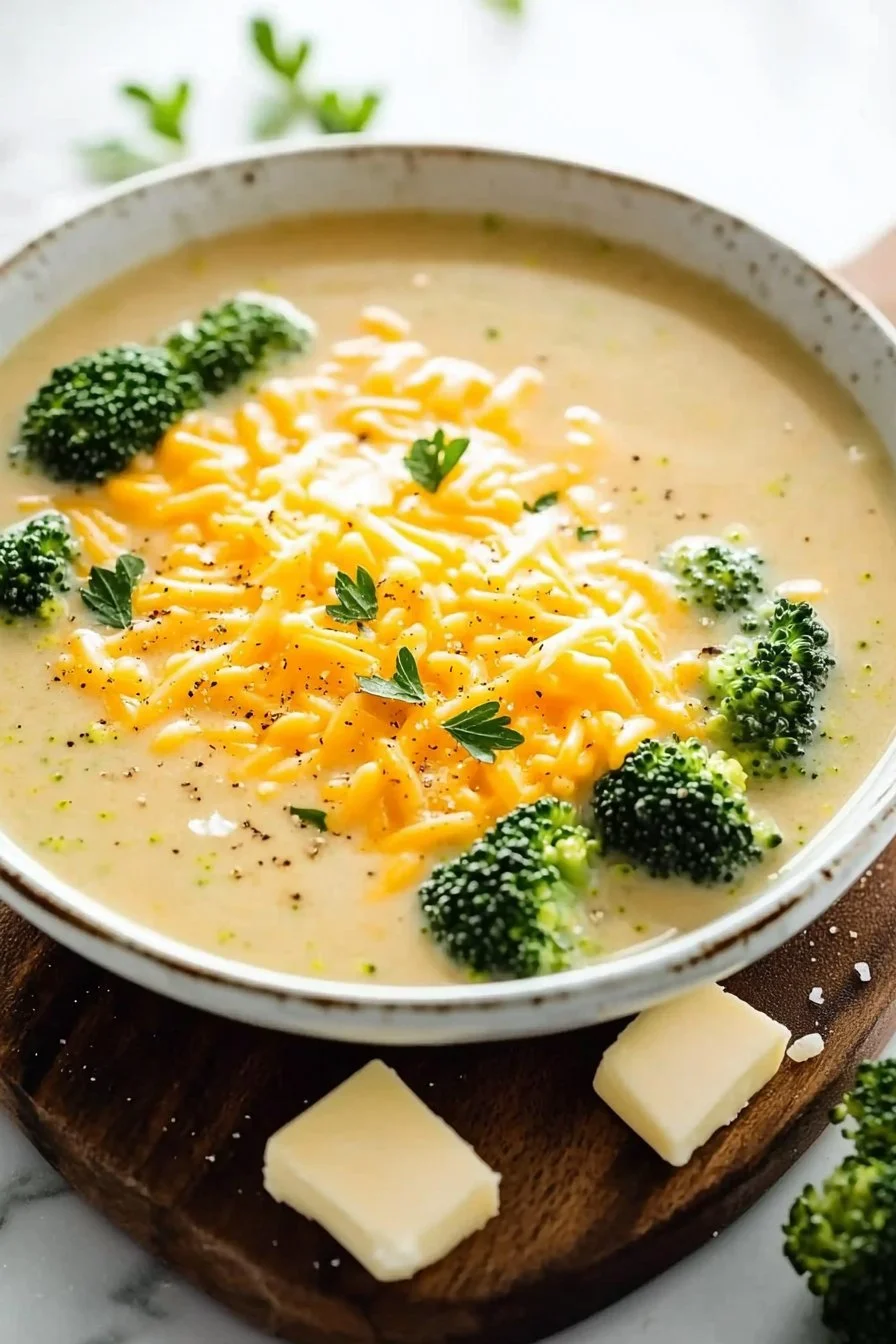 A bowl of delicious broccoli cheese soup topped with shredded cheese and fresh broccoli.