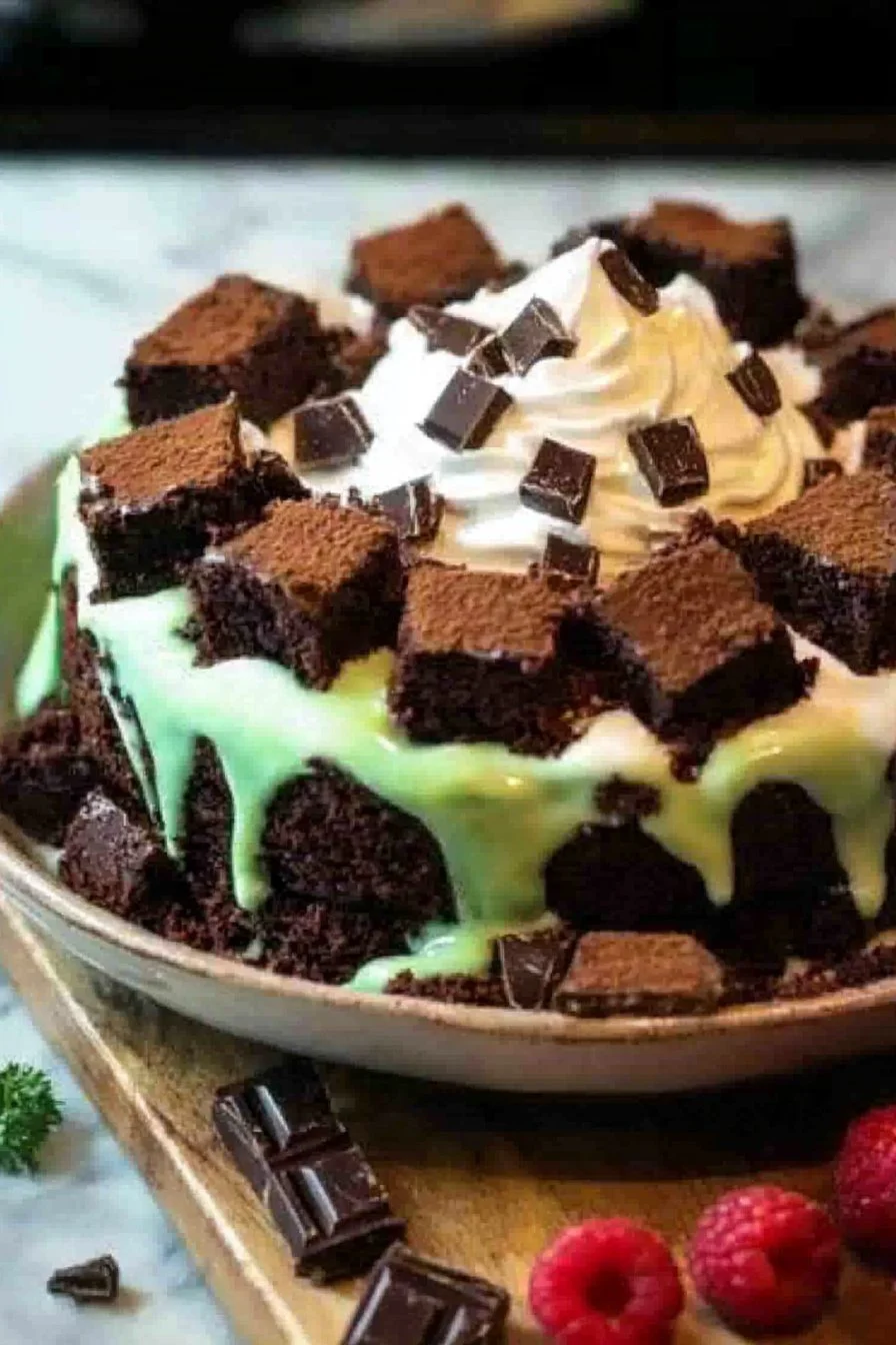 Leckere Brownie-Trifle mit schokoladigen Schichten und cremigem Dessert.