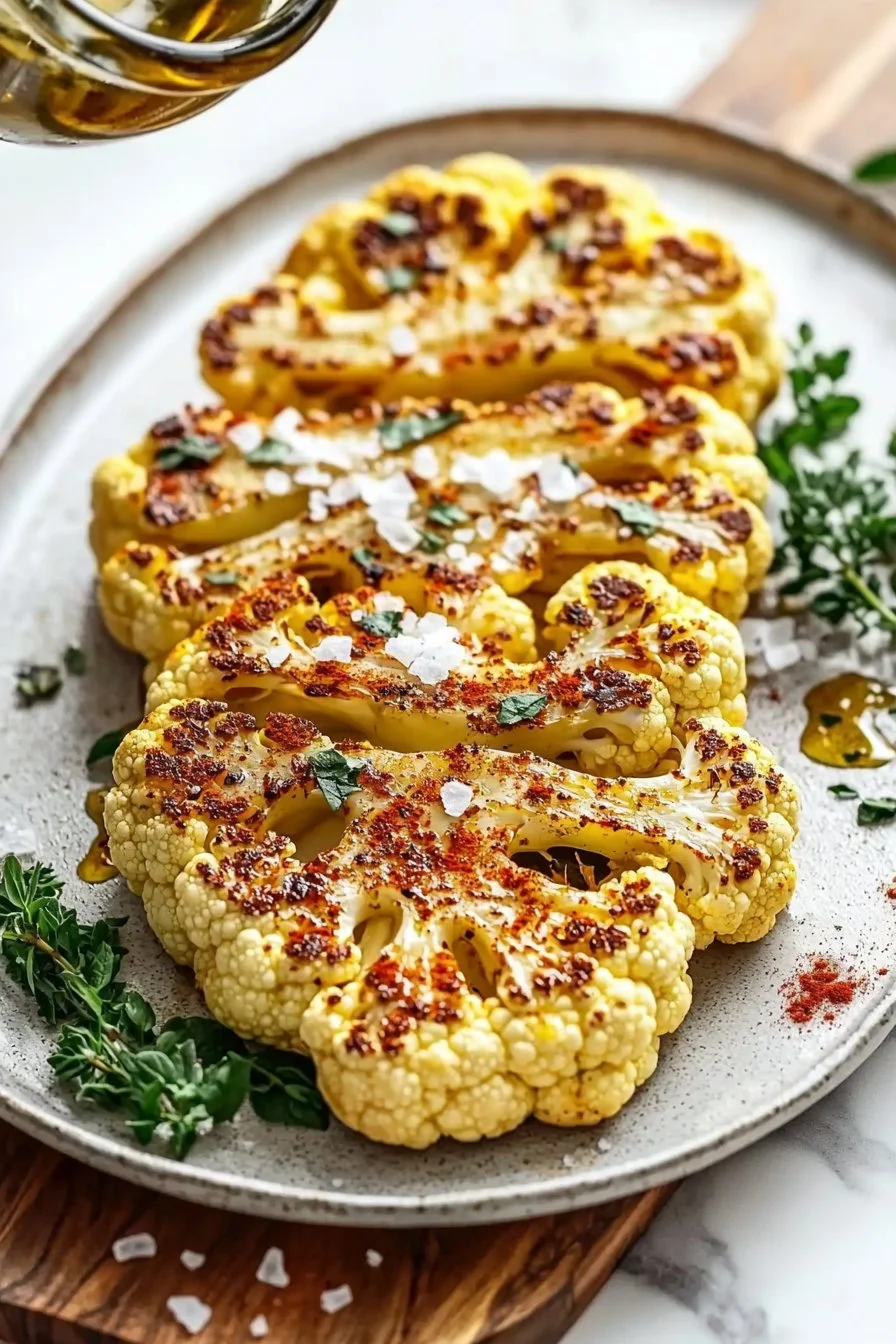 Grilled cauliflower steak served on a plate with garnishes