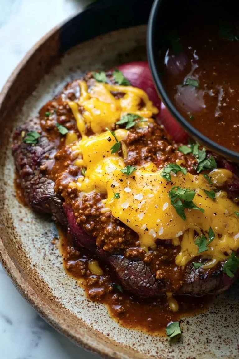 Köstliches Chili-Käse-Rindersteak mit würziger Soße und geschmolzenem Käse