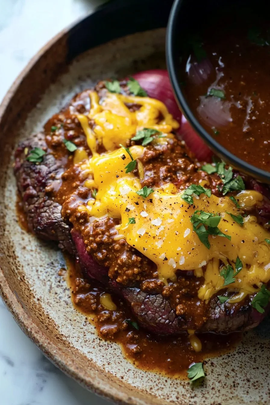 Köstliches Chili-Käse-Rindersteak mit würziger Soße und geschmolzenem Käse