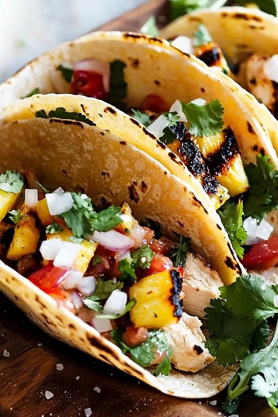 Chili-Limetten-Hühnchen-Tacos mit gegrillter Ananassalsa auf einem Teller