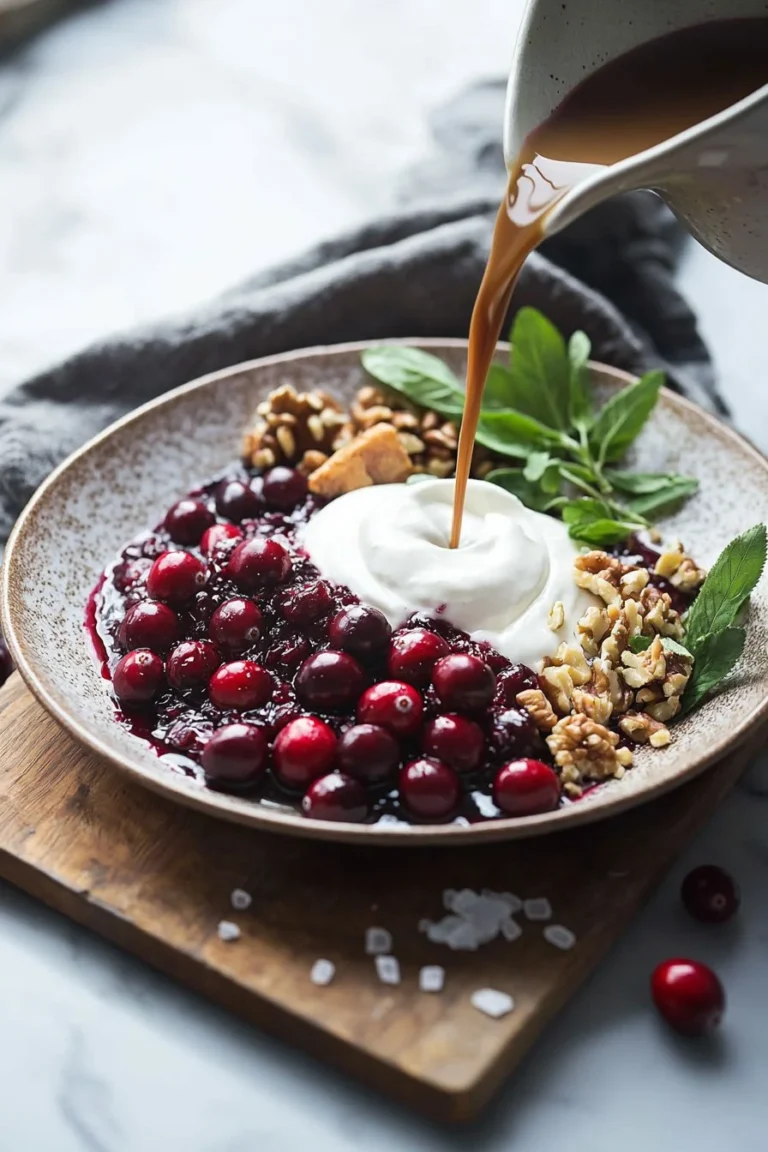 Cranberry-Kaffee-Creme-Dessert in einer eleganten Schale serviert.