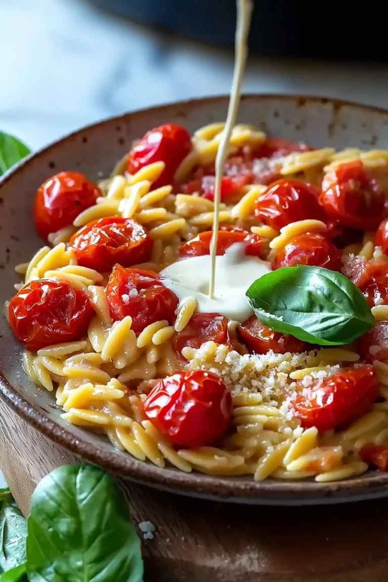 Cremige Kirsch-Tomaten-Orzo mit frischen Zutaten in einer Schüssel