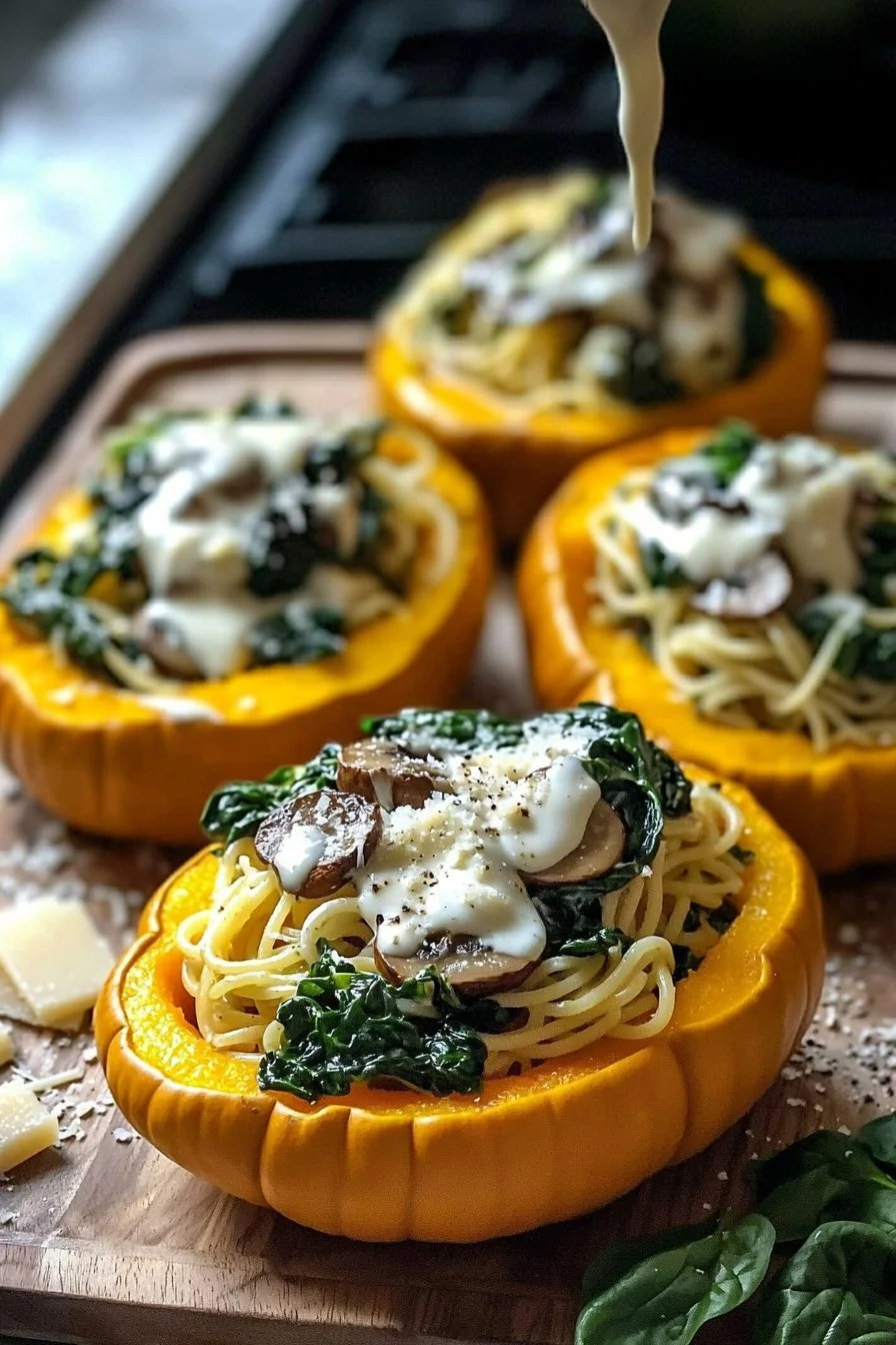 Cremige Spinat-Pilz-Spaghetti-Kürbis-Boote
