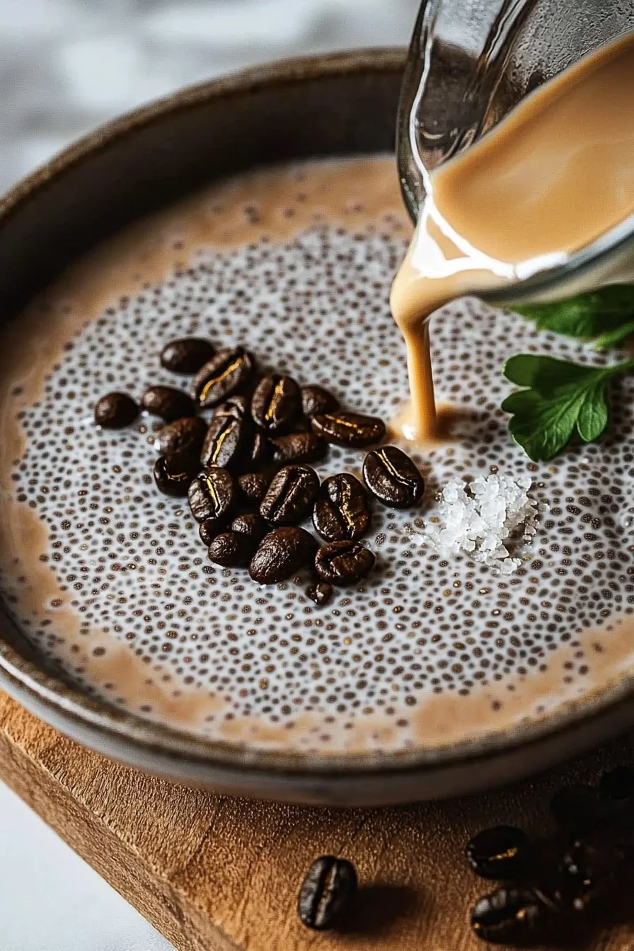 Cremiger Kaffee-Chia-Pudding mit Schokoladendekoration
