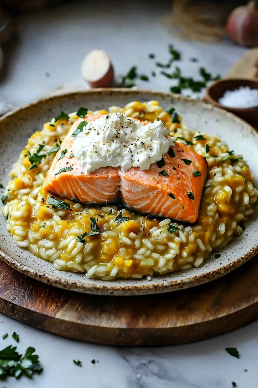 Cremiges Kürbisrisotto mit Lachs auf einem Teller angerichtet
