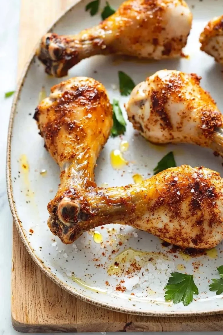 Crispy baked chicken legs drumsticks garnished and ready to serve.