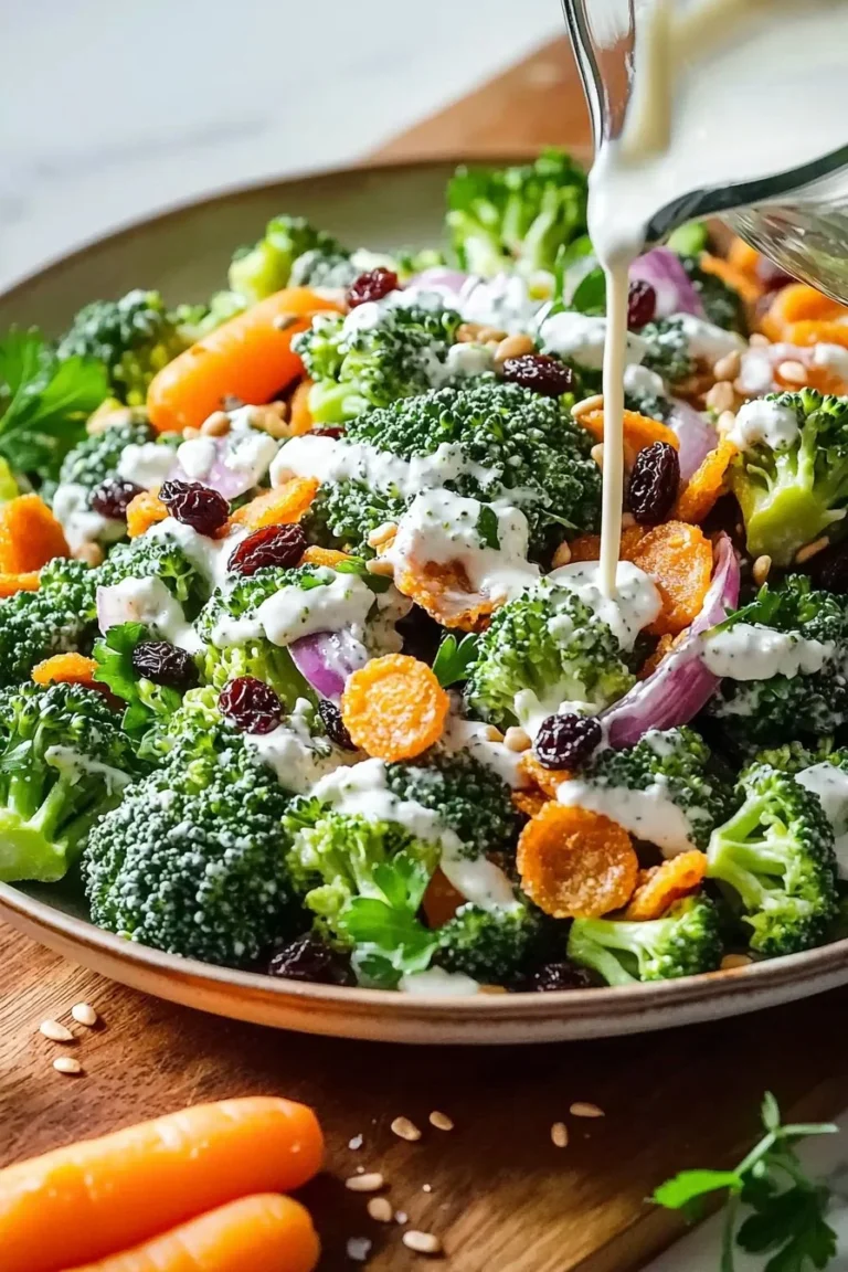 Knuspriger Brokkolisalat mit frischen Zutaten und Dressing