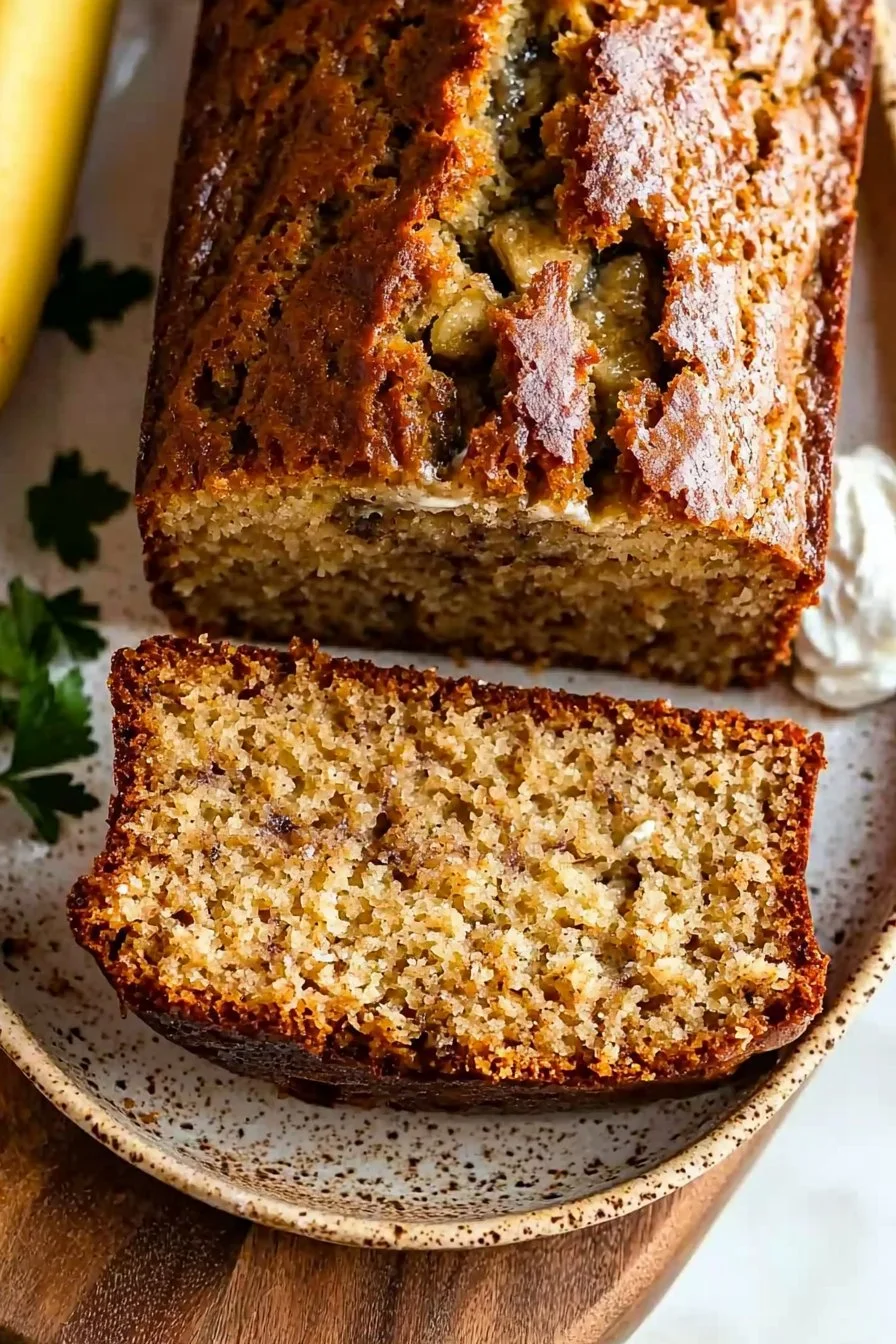 Saftiges Sauerrahm-Bananenbrot mit Bananenscheiben auf einem Holzbrett.