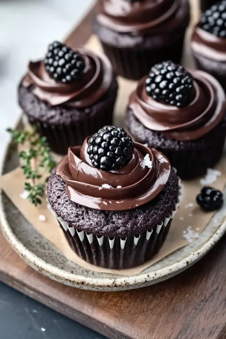 Dunkle Schokoladen-Brombeer-Cupcakes auf einem Teller dekoriert