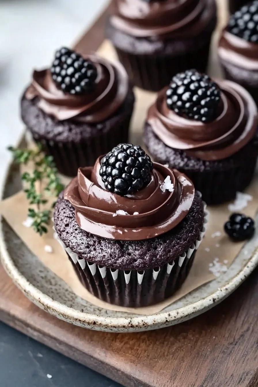Dunkle Schokoladen-Brombeer-Cupcakes auf einem Teller dekoriert