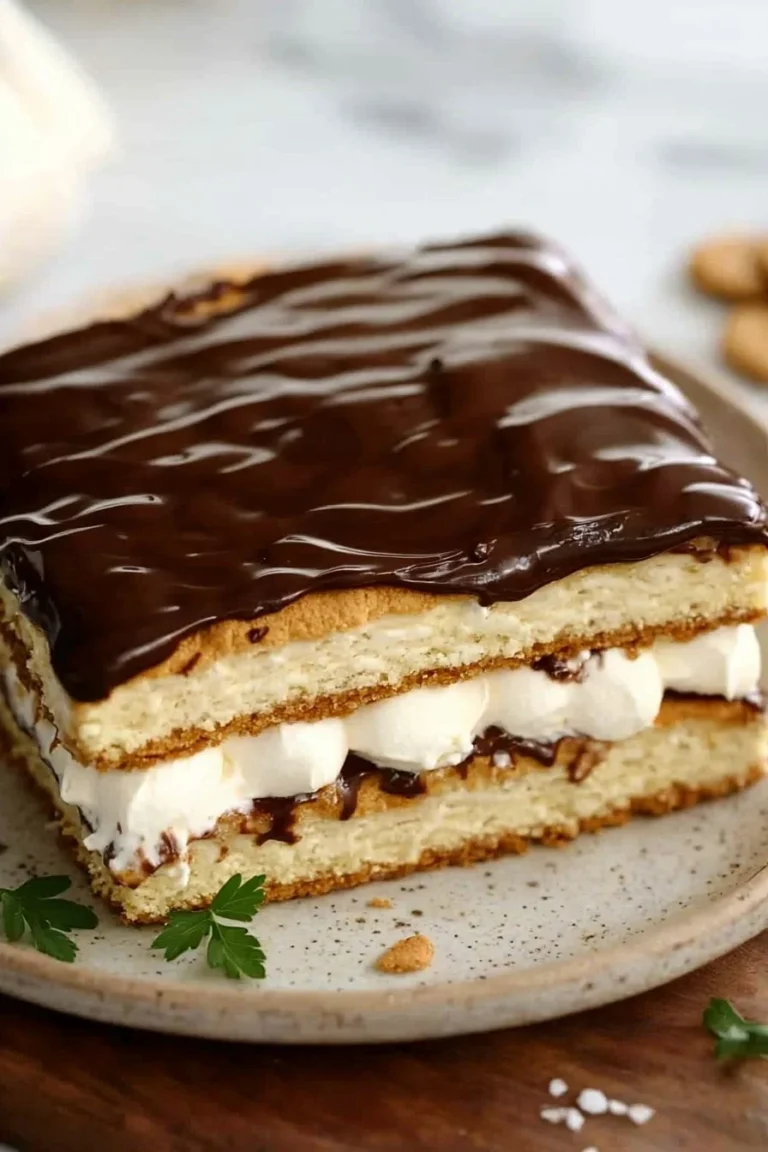 Leckere Eclair-Torte mit Schokoladenglasur und Sahnefüllung