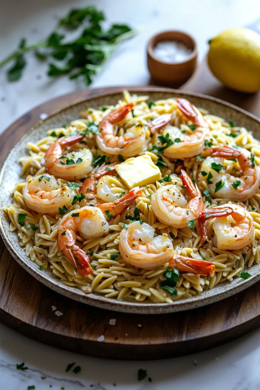 Ein-Topf Knoblauchbutter Garnelen und Orzo in einer Pfanne zubereitet