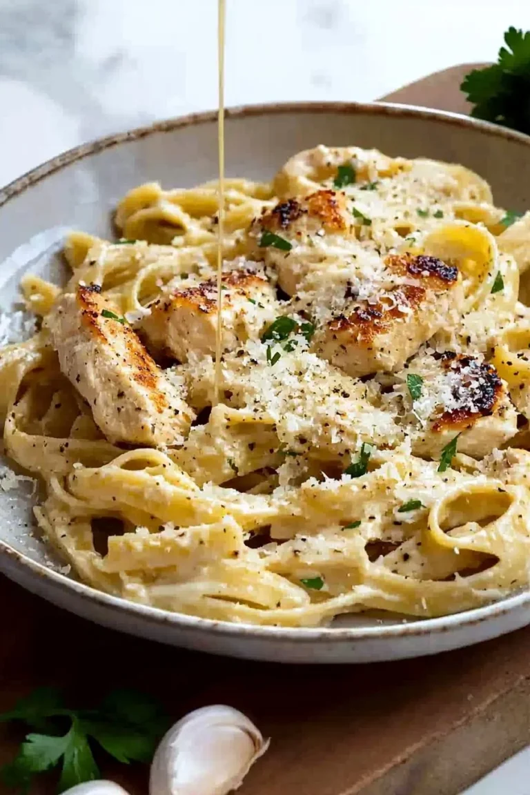 Einfache Hühnchen Knoblauch Parmesan Pasta auf einem Teller serviert