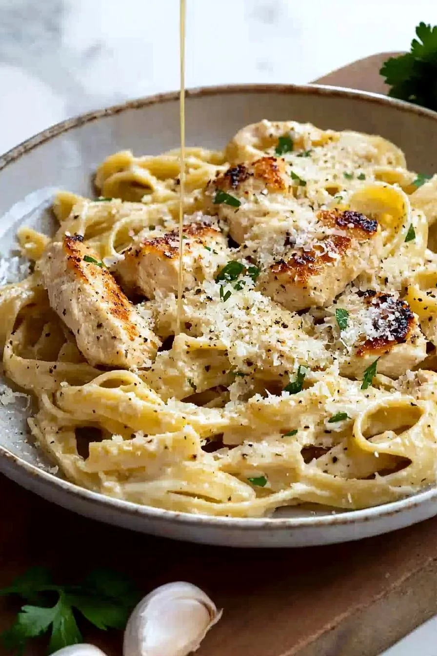 Einfache Hühnchen Knoblauch Parmesan Pasta
