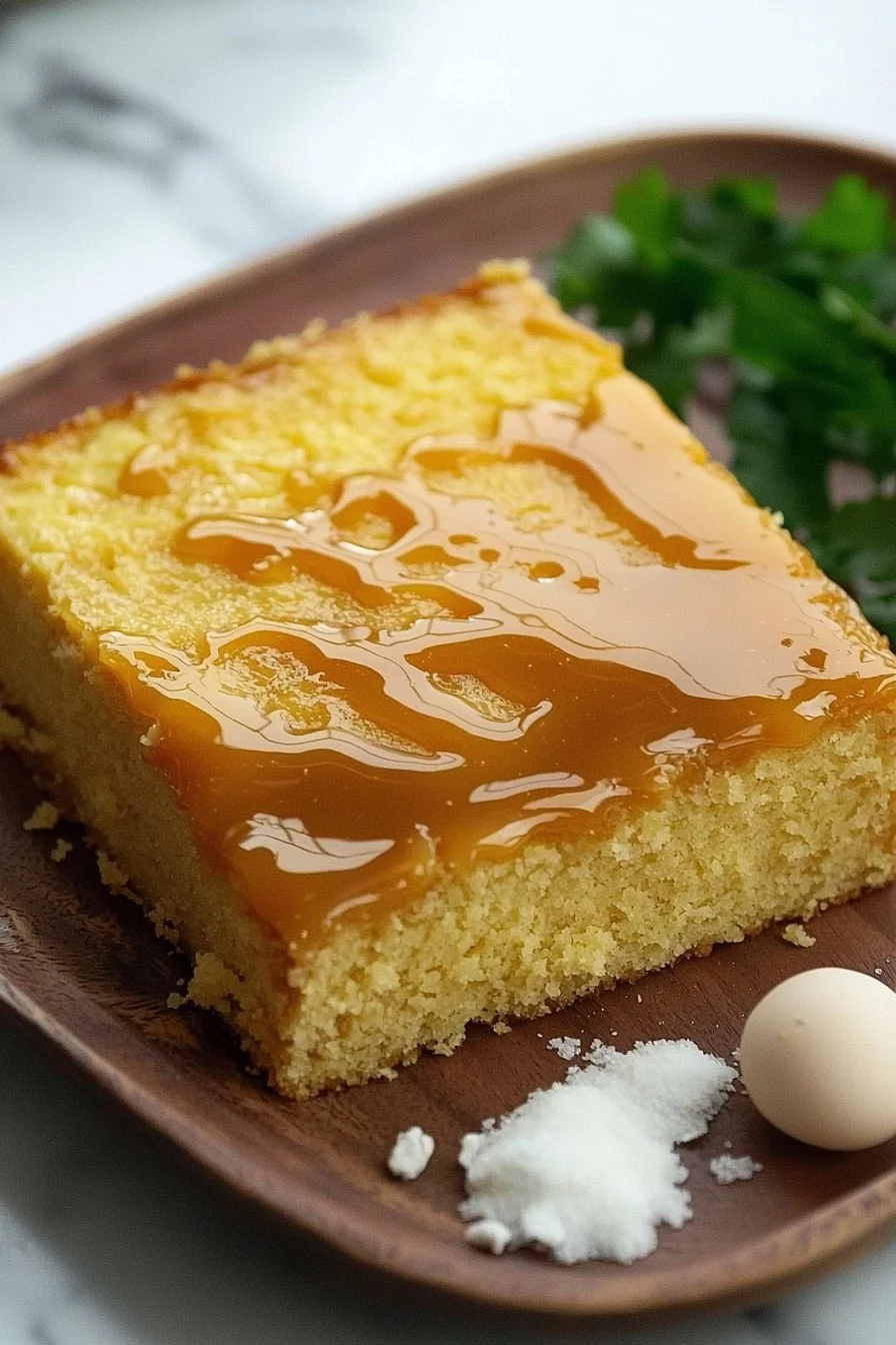 Karamell-Buttermilch-Blechkuchen auf einem Blech mit Karamellsoße