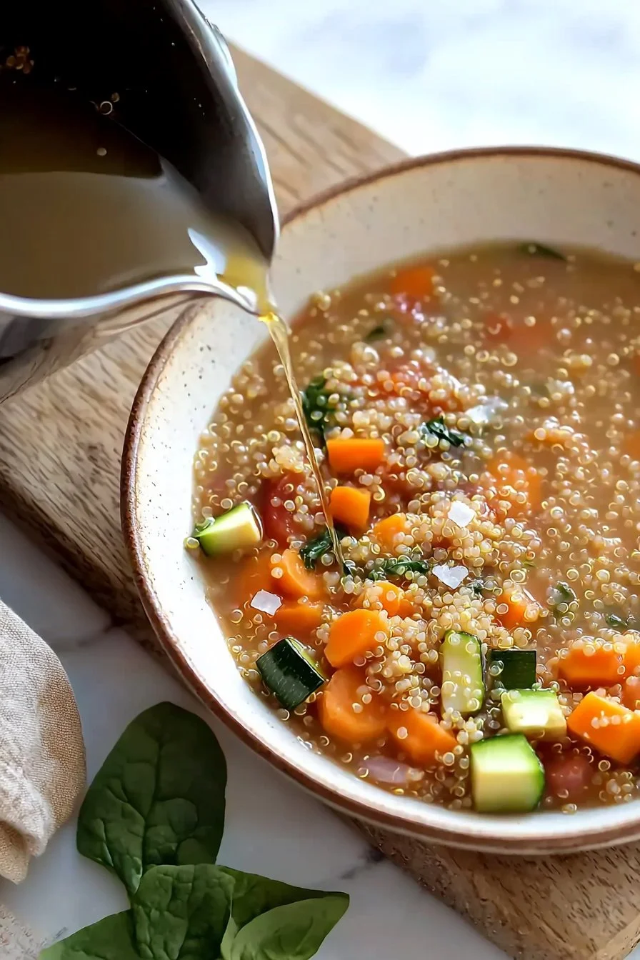 Schüssel mit einfacher Quinoa-Gemüsesuppe, garniert mit frischen Kräutern