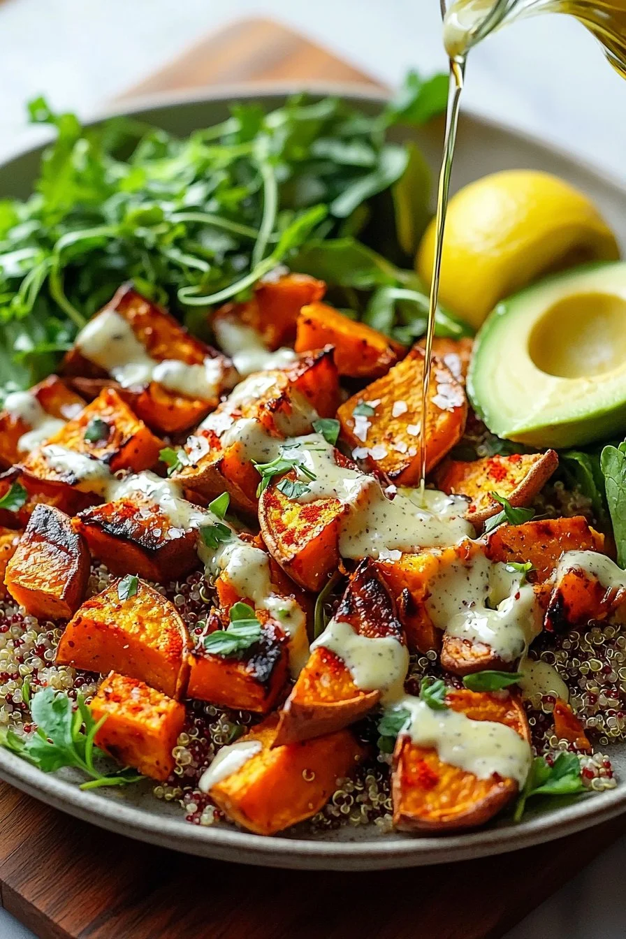 Einfacher gerösteter Süßkartoffel-Quinoa-Salat auf einem Teller