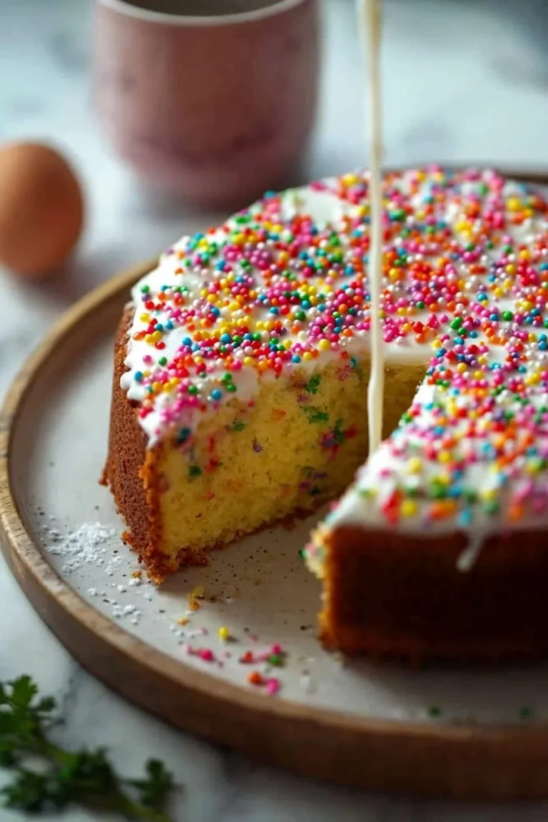 Einfacher Konfetti Kuchen mit bunten Streuseln auf einem weißen Teller