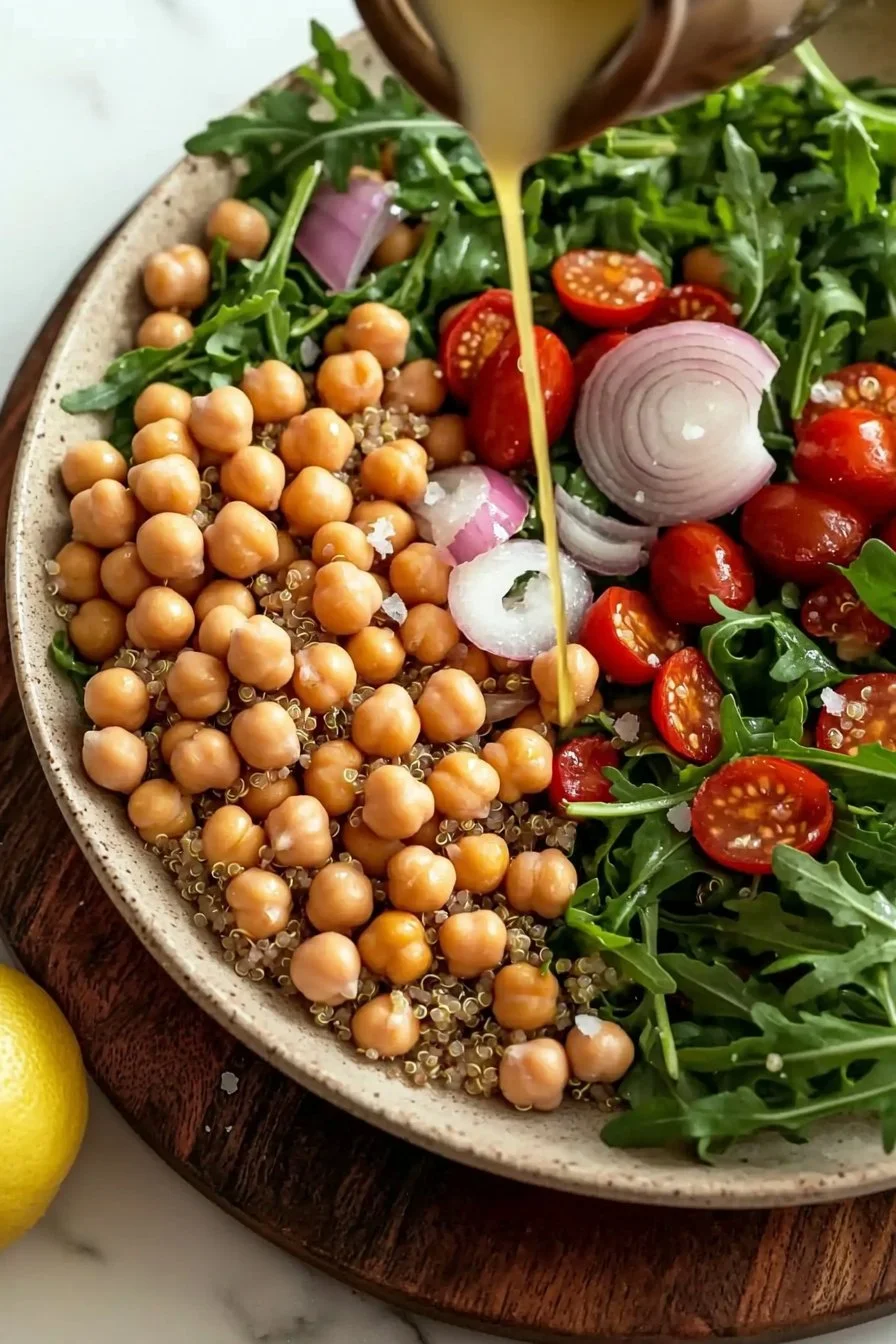 Einfacher Rucola-Quinoa-Kichererbsensalat mit frischen Zutaten.