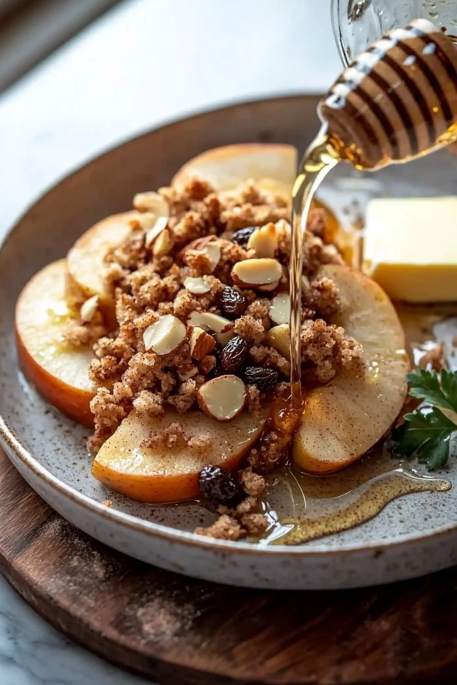 Einfaches Bratapfel Rezept mit Äpfeln, Nüssen und Zimt, serviert auf einem Teller.