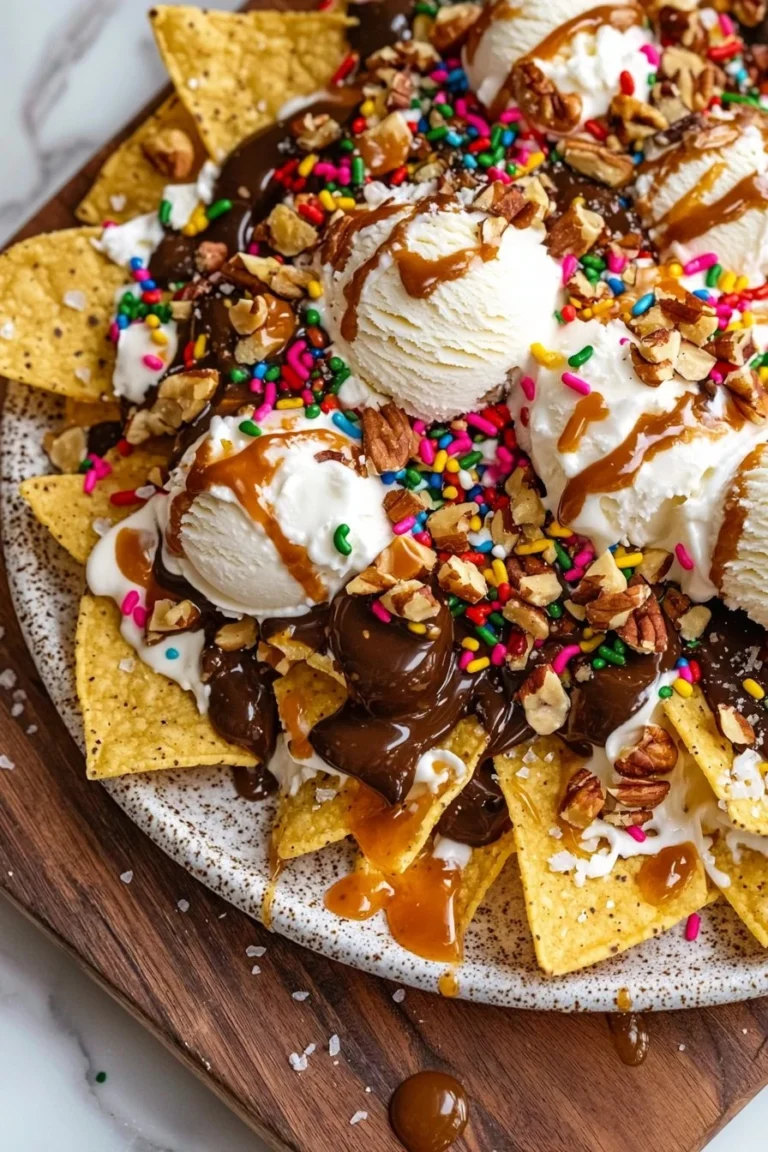 Eiscreme Nachos mit bunten Toppings und Schokolade als kreatives Dessert