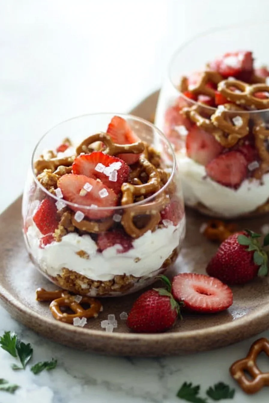 Erdbeer-Brezel-Salat-Parfaits in einer eleganten Dessertschüssel